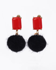 Black pompom and red stud earrings