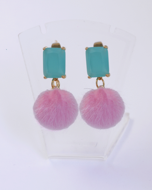 pink pompom and blue stud earrings